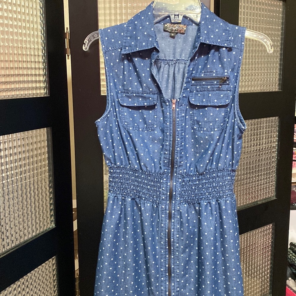 J Gee Chambray Polka Dot Smocked Waist Zip Front Dress